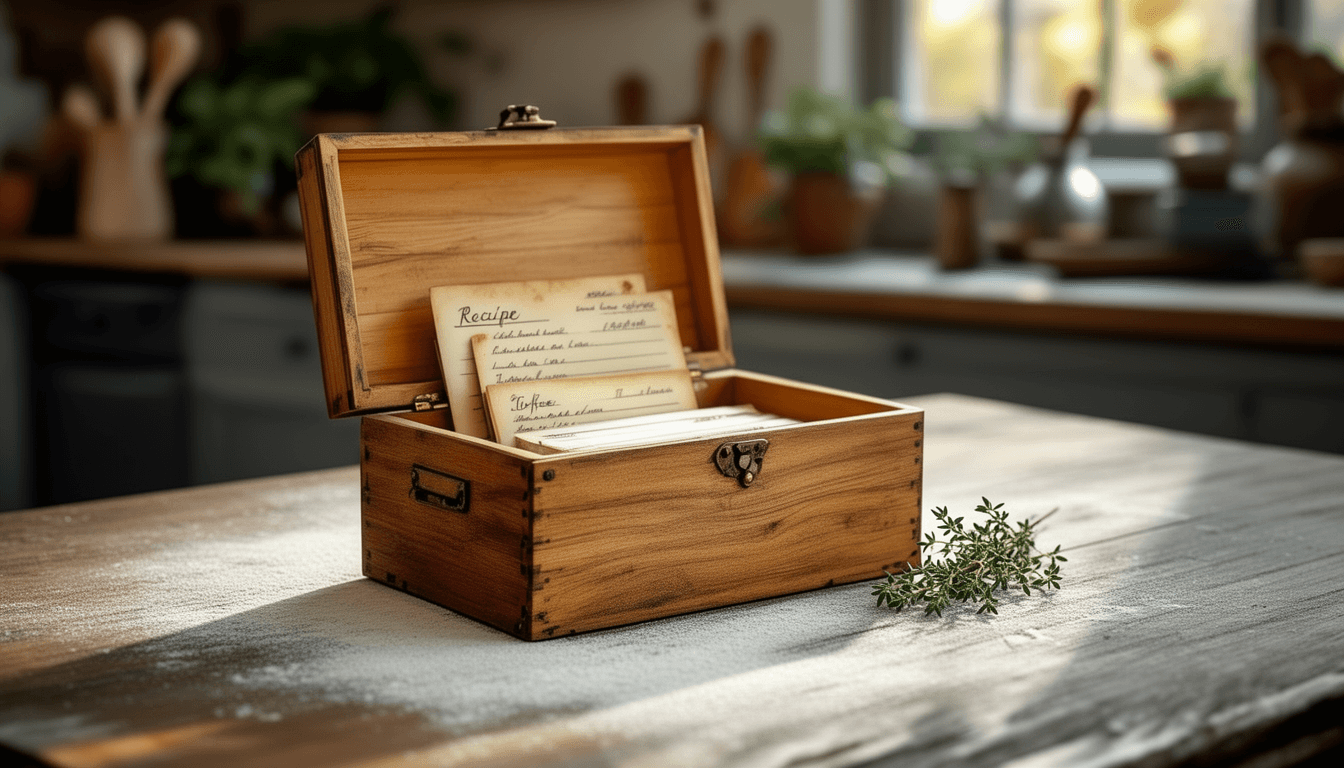 An open wooden recipe box of handwritten cards on a sunlit kitchen counter
